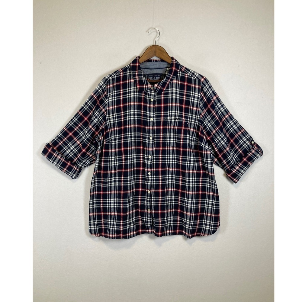 Preppy Tommy Hilfiger Womens 1X Navy Blue Red Plaid Roll Tab Button Down‎ Shirt